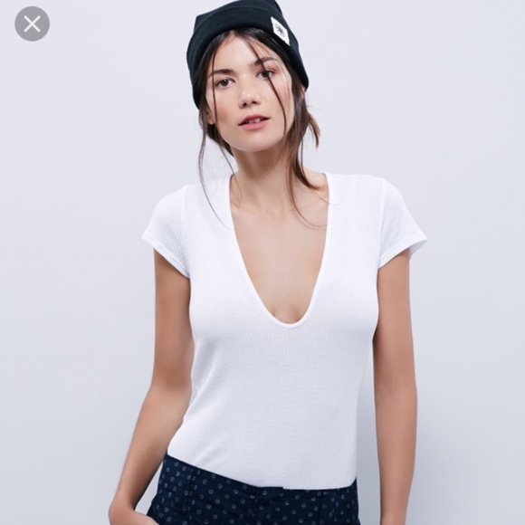 Free People Deep V Rib Tee in White - Picture 1 of 8